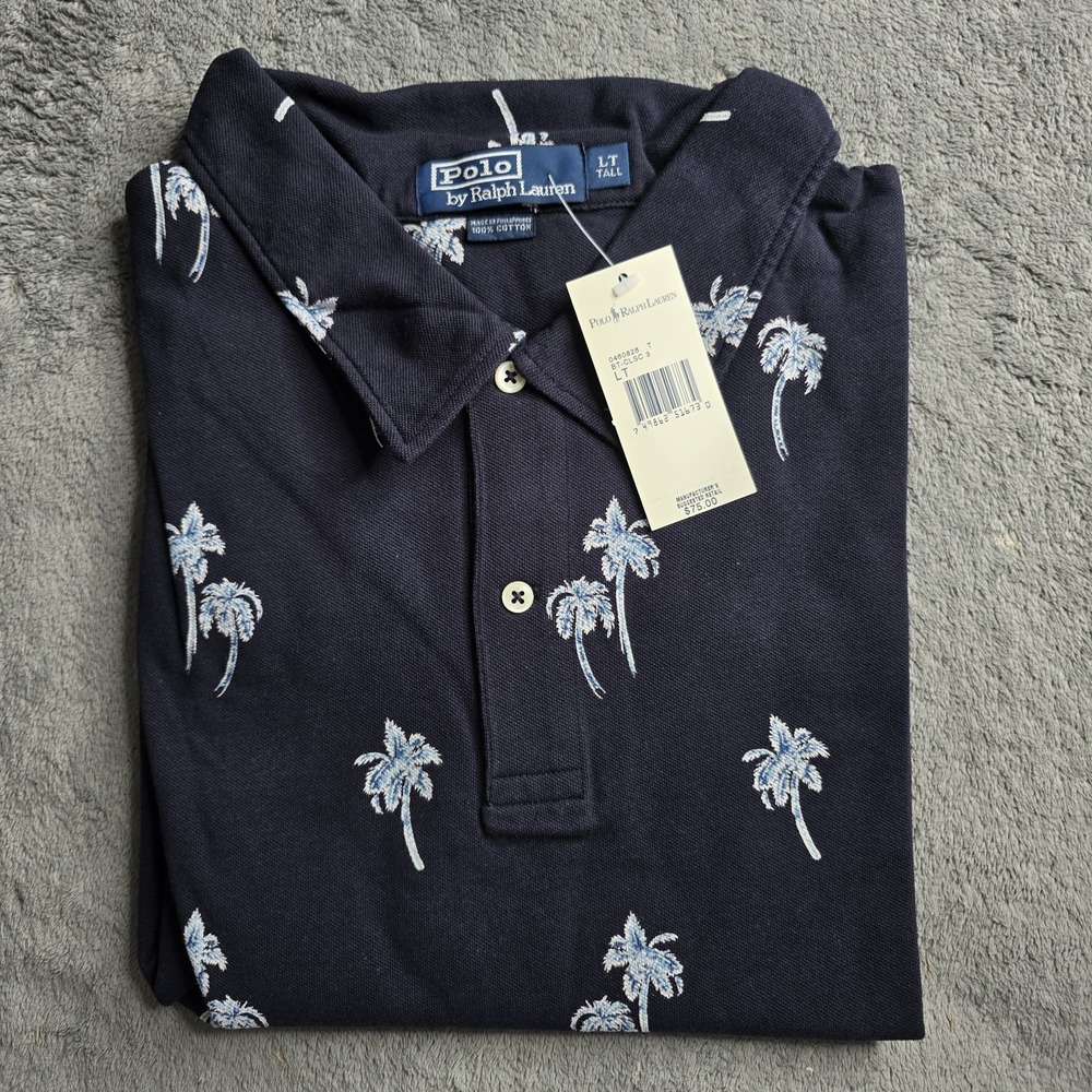 NWT Polo Ralph Lauren Mesh Polo Shirt Mens Large Tall Navy Blue S/S Palm Trees